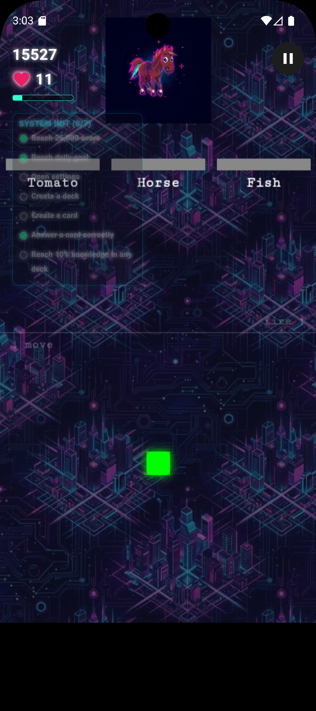 Cyber-Cat: Neon Jump & Learn: Neon platforming scene with a horse image and three word choices