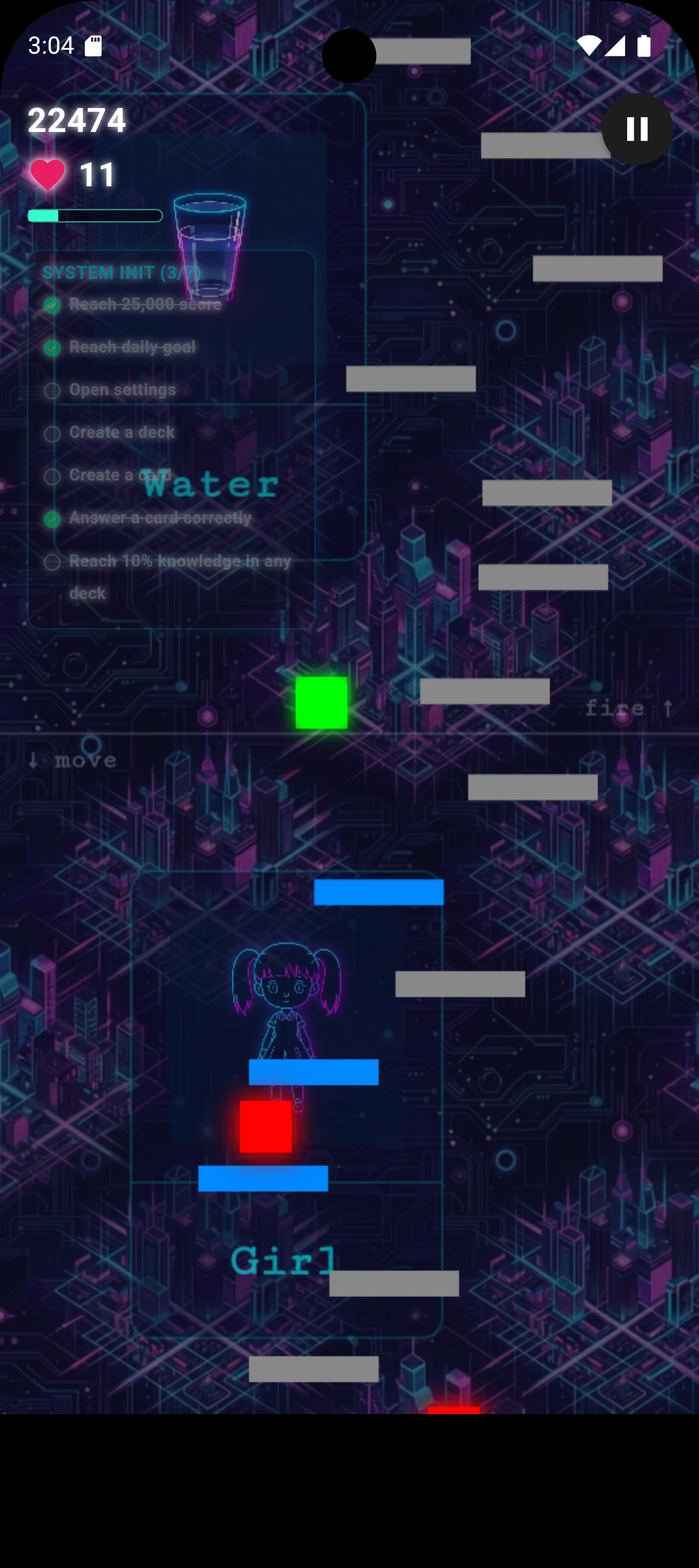 Cyber-Cat: Neon Jump & Learn: Water vocabulary prompt above glowing red and green platforms