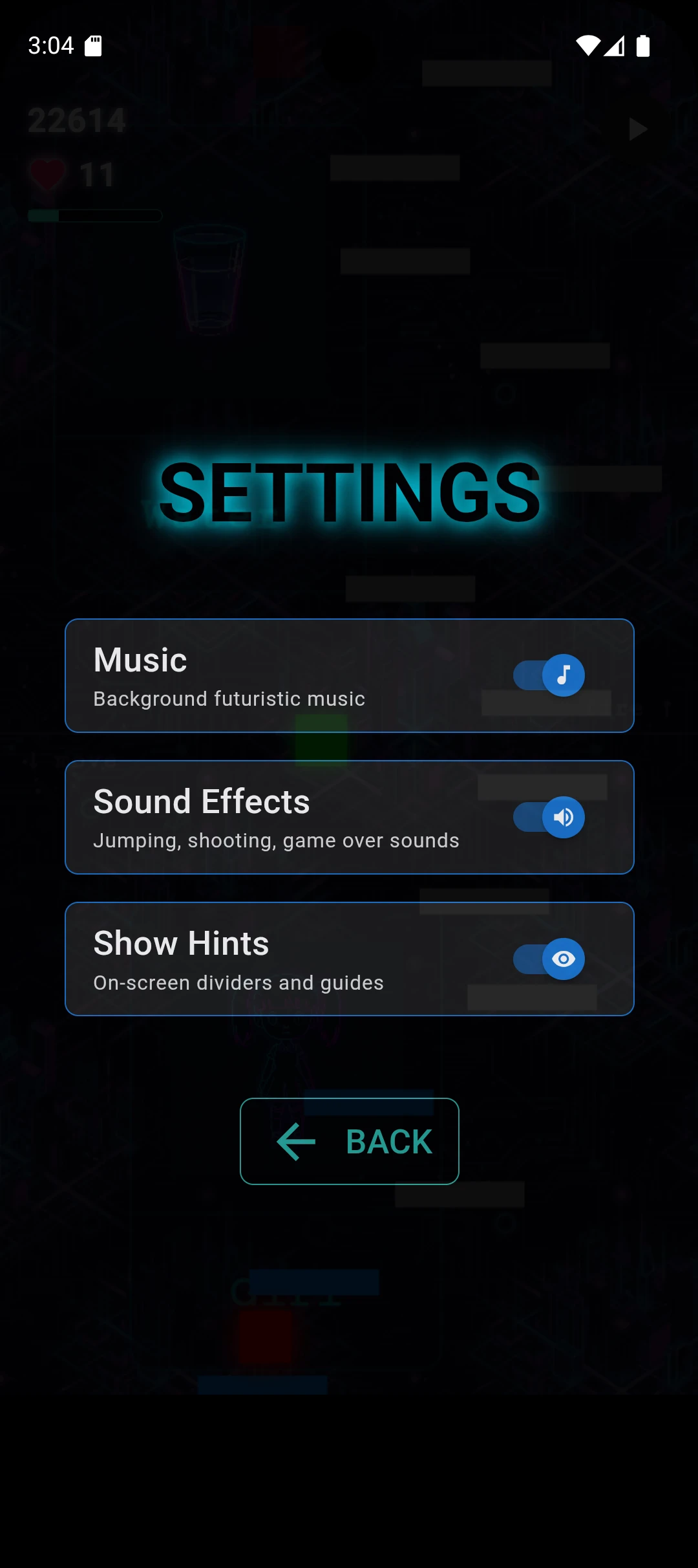 Cyber-Cat: Neon Jump & Learn: Settings overlay with music, sound effects and hint toggles