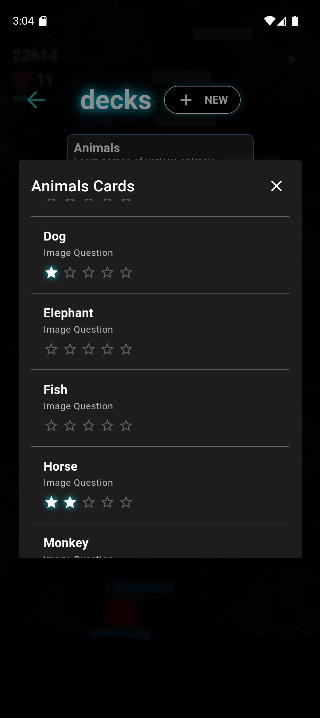 Cyber-Cat: Neon Jump & Learn: Animal flashcard deck showing words, images and star ratings