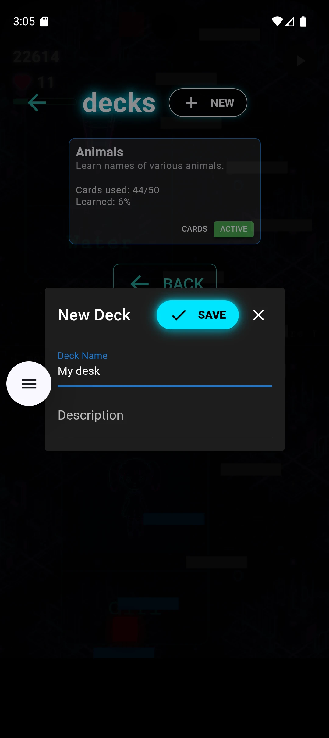 Cyber-Cat: Neon Jump & Learn: New Deck dialog with name and description fields