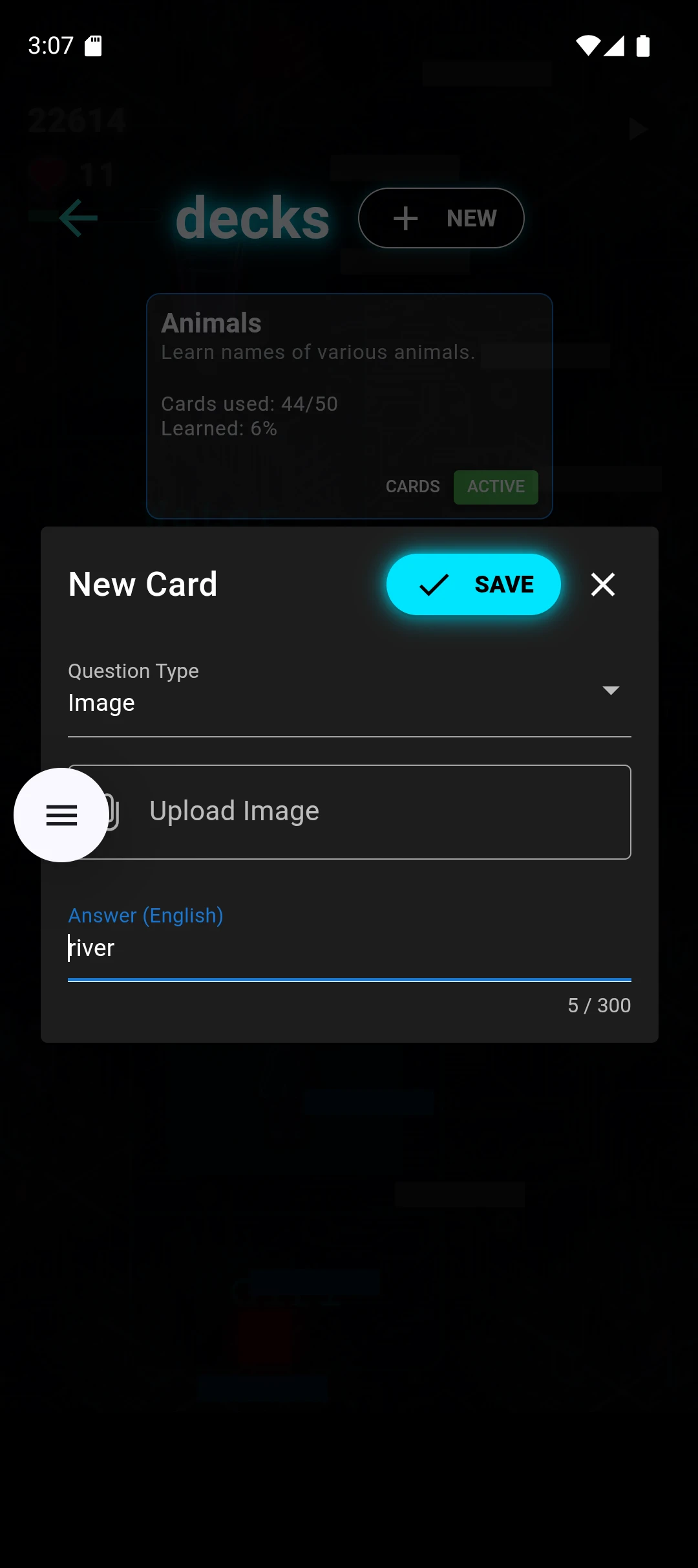 Cyber-Cat: Neon Jump & Learn: New Card dialog with image upload and English answer fields