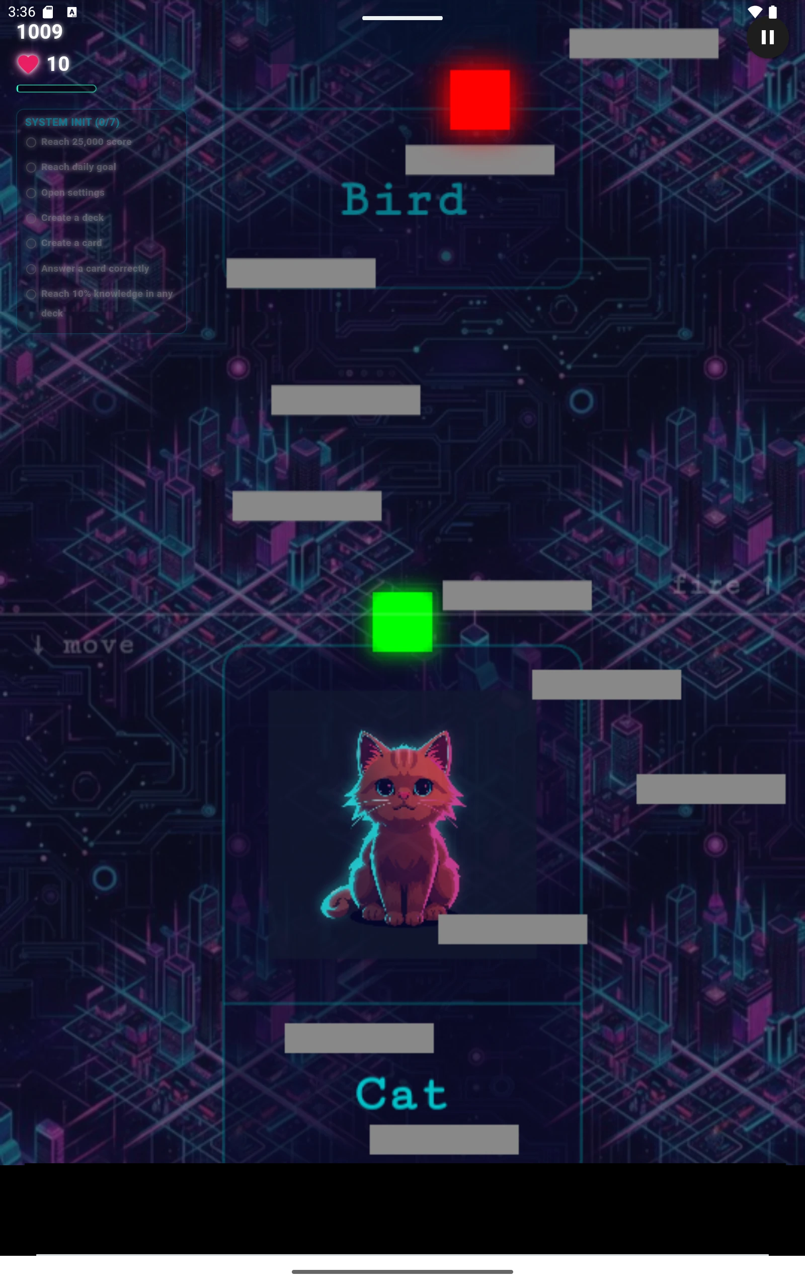 Cyber-Cat: Neon Jump & Learn: Cat flashcard prompt between neon platforms on a tall playfield