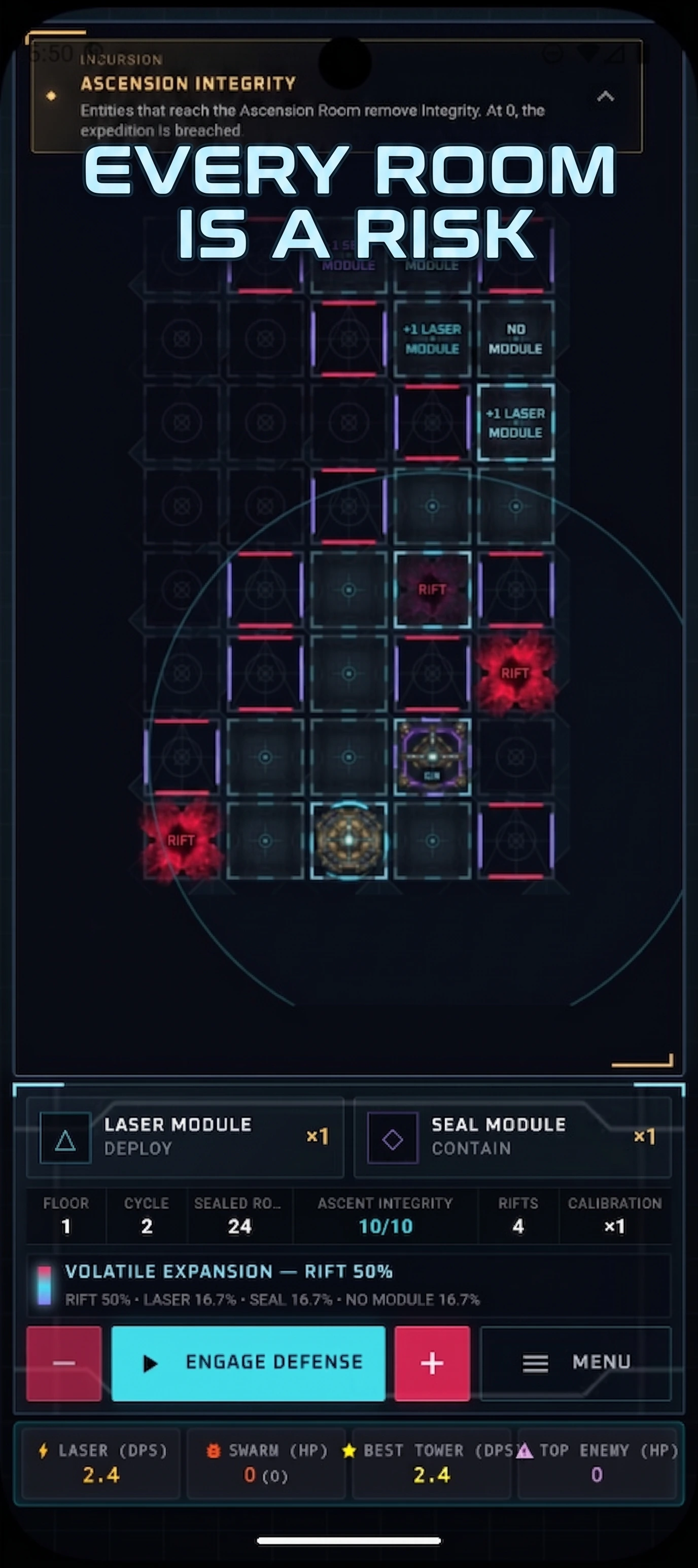 Pyramid Defense: Laser TD: Ciemna siatka pomieszczeń z zapieczętowanymi modułami i przyciskiem rozpoczęcia obrony