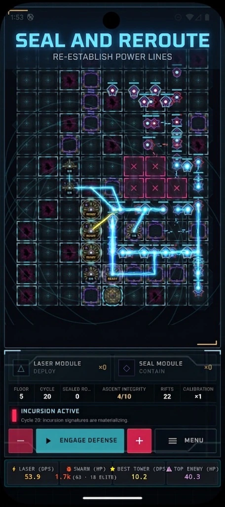 Pyramid Defense: Laser TD: Siatka obrony z przekierowanymi liniami zasilania i zapieczętowanymi pokojami