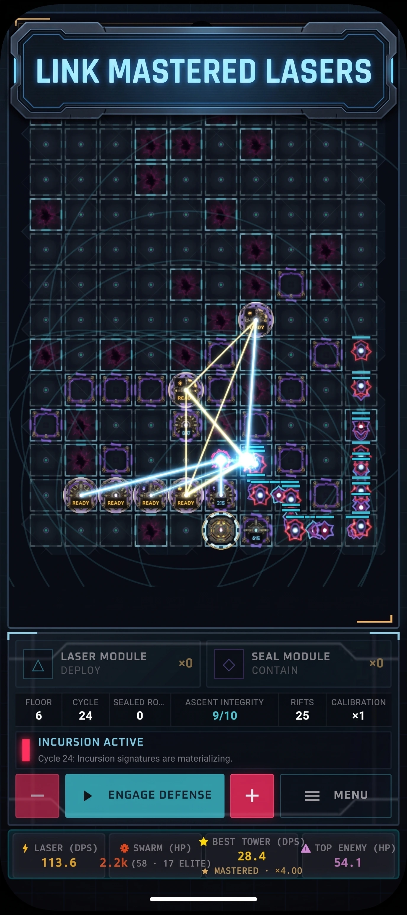 Pyramid Defense: Laser TD: Połączone moduły laserowe tworzą wiązki na siatce pomieszczeń