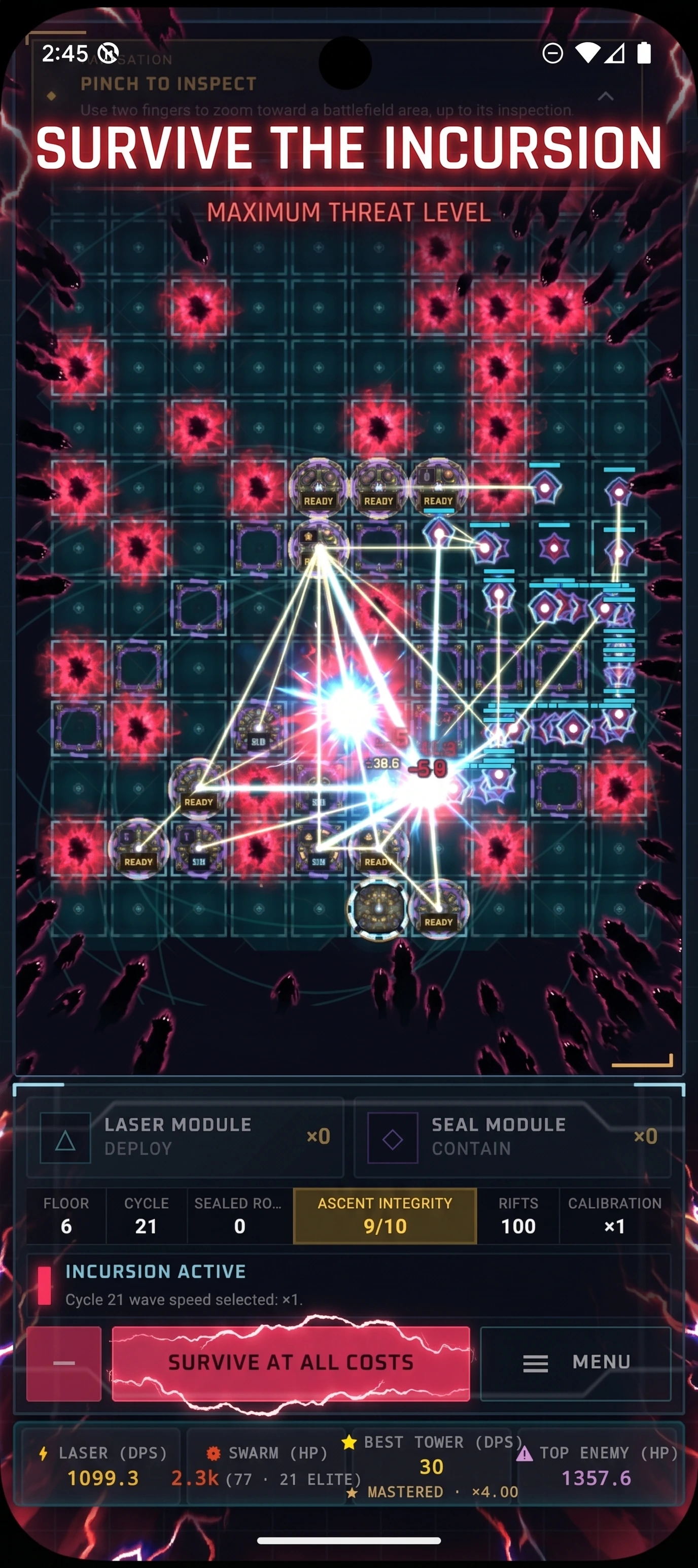 Pyramid Defense: Laser TD: Trwająca inwazja: czerwone zagrożenia otaczają jasną sieć laserów