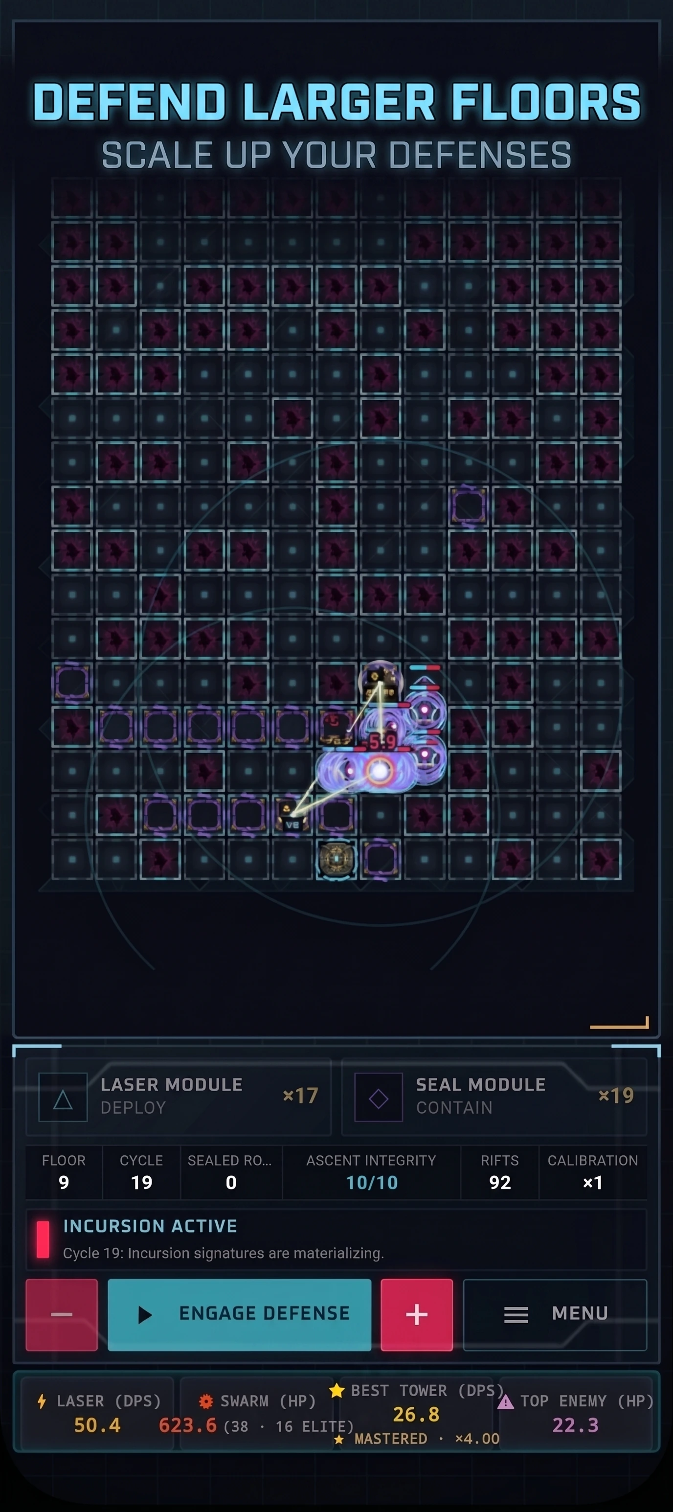 Pyramid Defense: Laser TD: Powiększone piętro z niewielką siecią laserów pośrodku